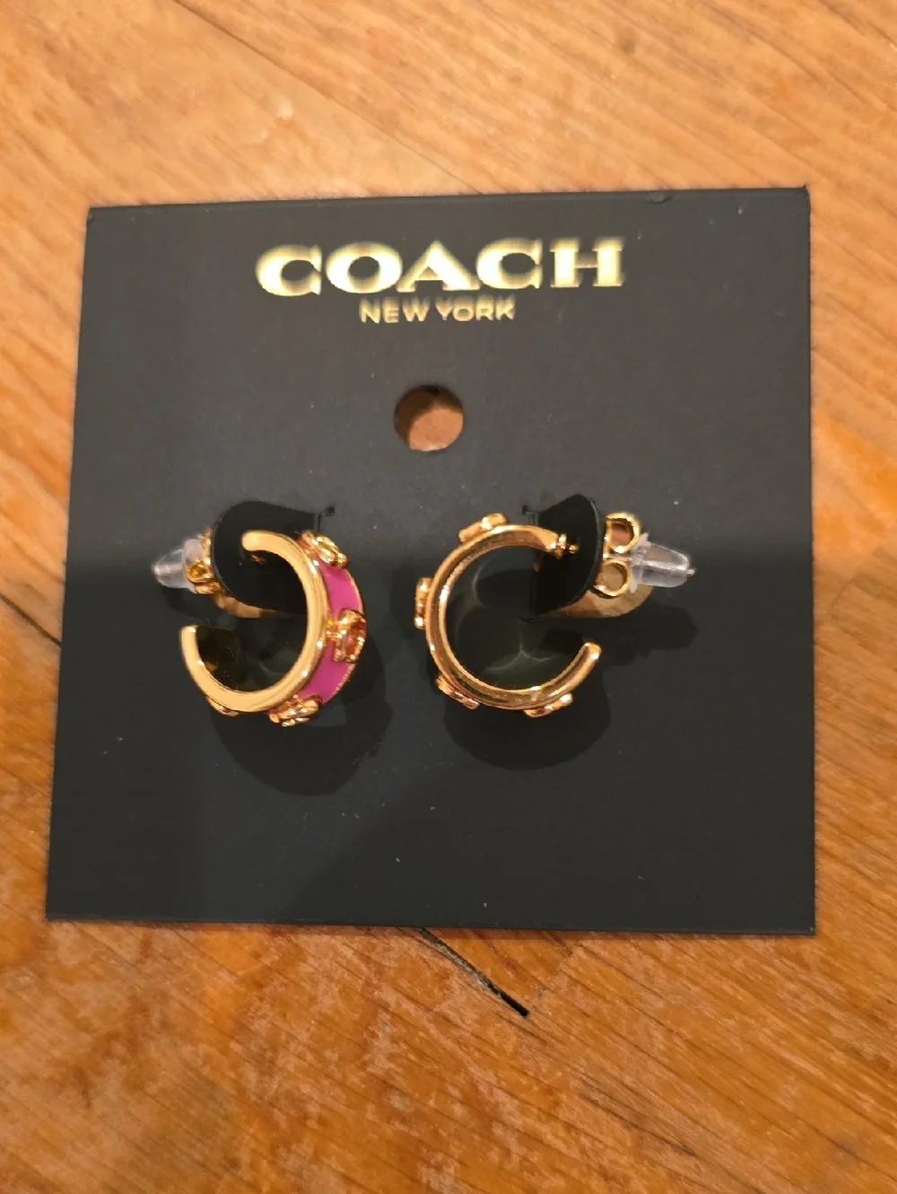 COACH Pink Enamel and Gold Tone Accent Hoop Earrings & Dustbag - Picture 2 of 4